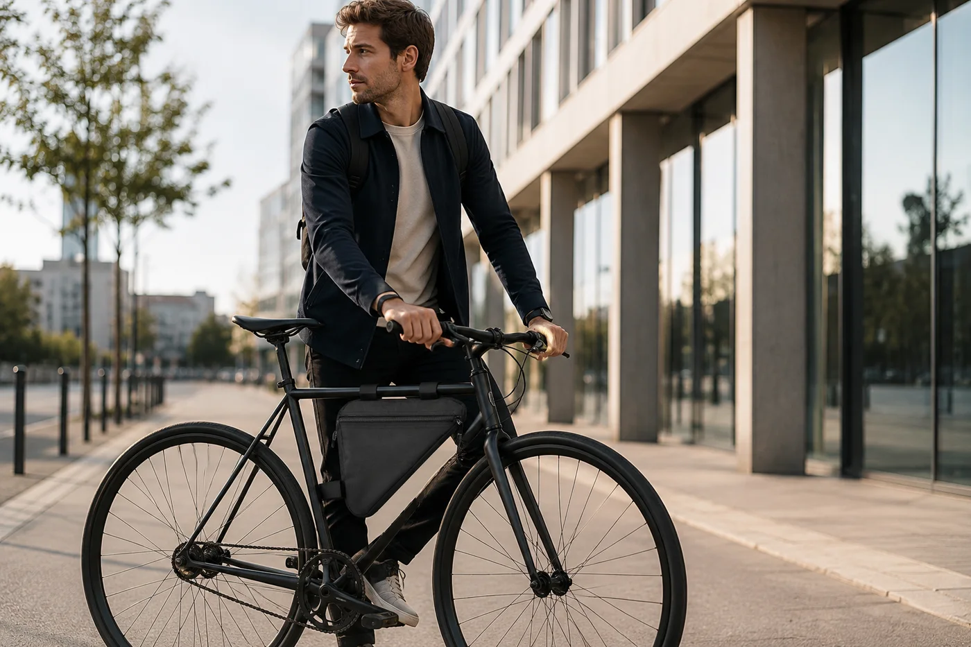 Commuter in a navy jacket standing with a black single-speed city bike on a sunlit street, a slim black frame bag strapped inside the frame triangle