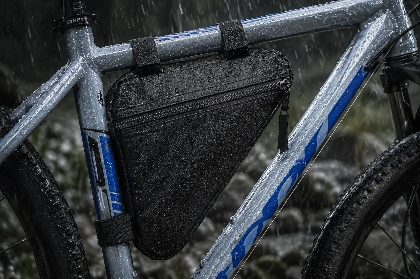 Black triangle frame bag strapped inside the frame of a silver and blue mountain bike during heavy rain, water beading on the fabric and zipper