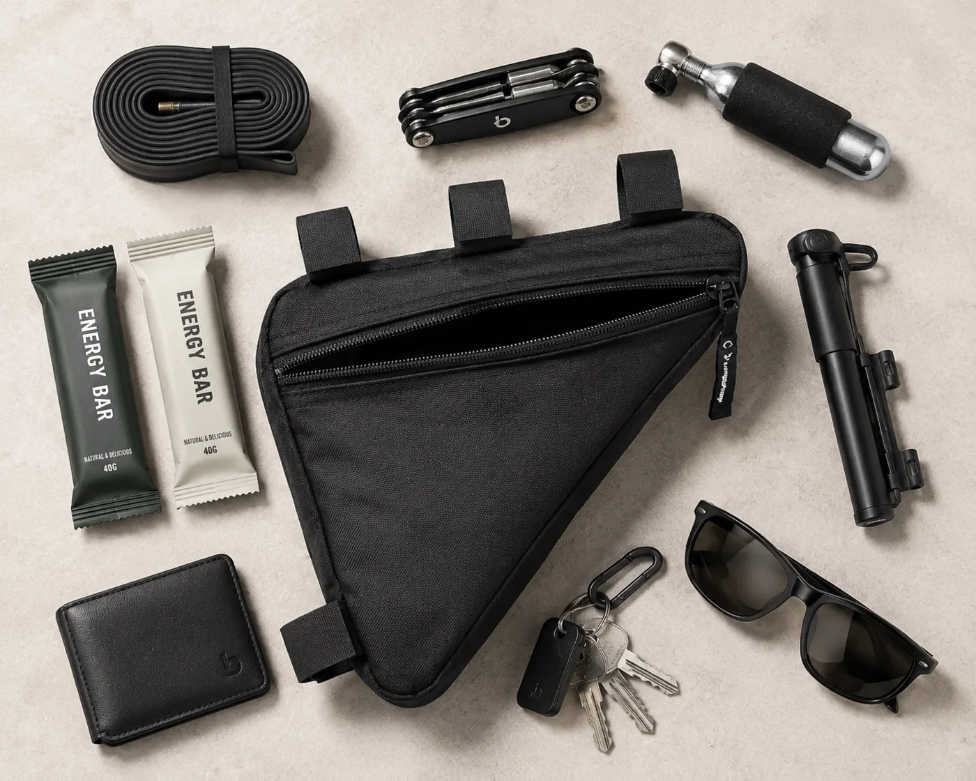 Flat lay of what fits in a frame bag: spare inner tube, multitool, CO2 cartridge, two energy bars, wallet, keys, sunglasses and a mini pump around an open black triangle bag
