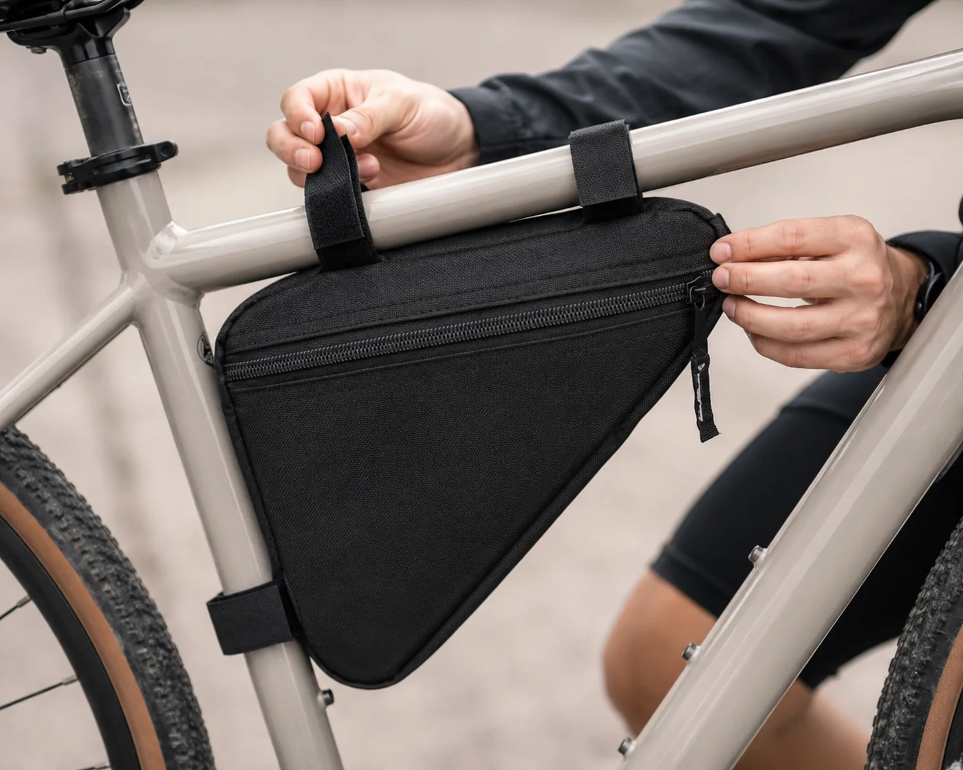 Rider's hands pressing the velcro straps of a black triangle frame bag onto the top tube of a light grey bike, the third strap wrapped lower on the frame