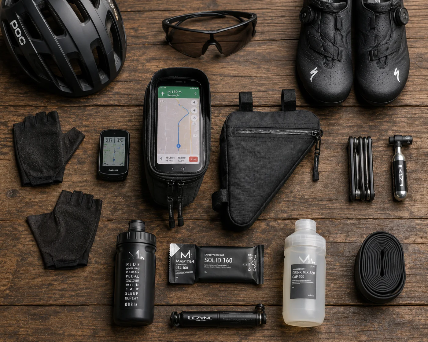 Flat lay of a full test kit on a wooden bench: helmet, sunglasses, cycling shoes, gloves, a black triangle frame bag, a top tube phone bag showing map navigation, a GPS computer, a multitool, a CO2 inflator, a mini pump, an inner tube, bottles and energy gels