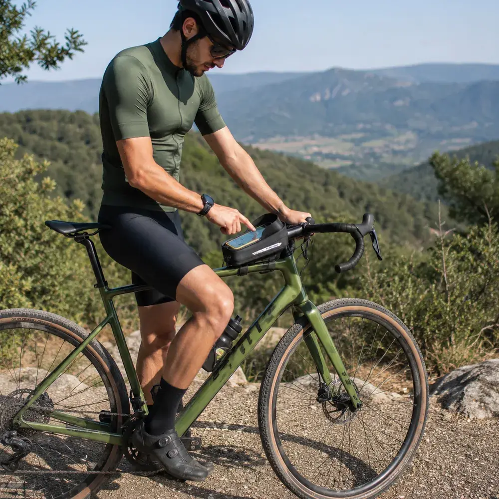 A rider on a loaded gravel bike with a Ridgeline frame bag, on a mountain trail