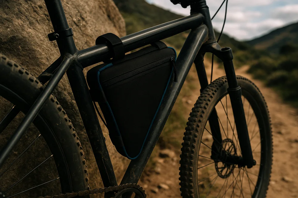 Cyclist riding a gravel bike fitted with a Ridgeline Trail frame bag on a trail