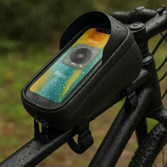 Ridgeline Pilot waterproof bike top tube bag mounted behind the stem with a phone visible through the touchscreen window