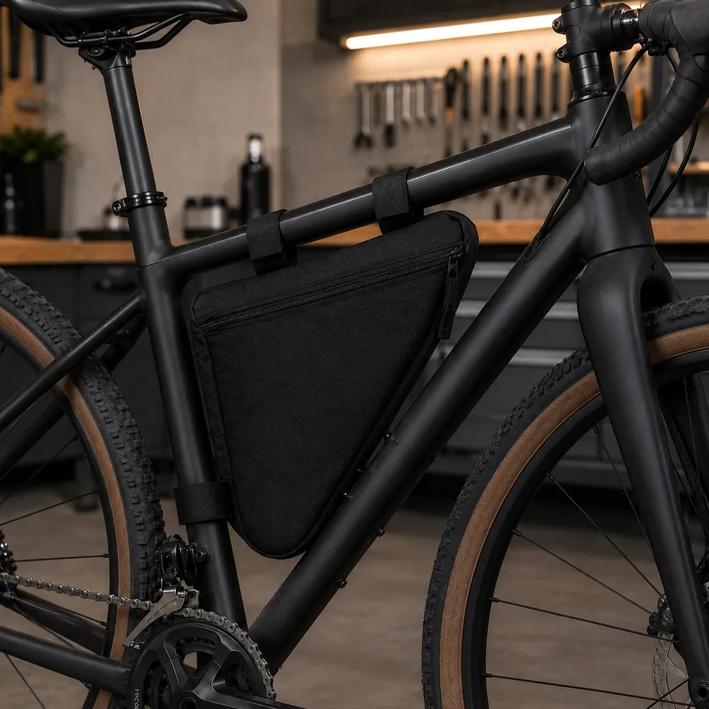 A Ridgeline Trail frame bag mounted inside a bike frame triangle