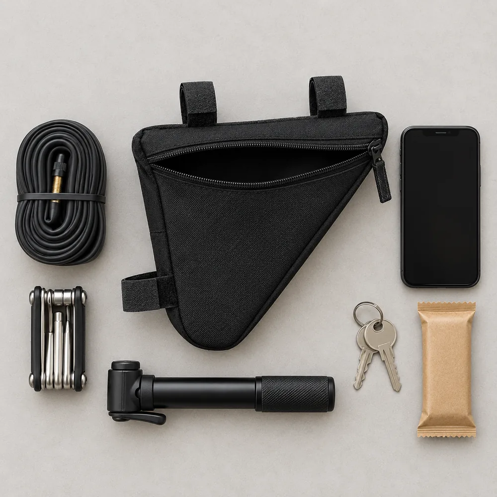 Ridgeline Trail triangle frame bag opened flat and empty on a grey background, with a spare tube, a multitool, a mini pump, a phone, two keys and an energy bar laid out beside it