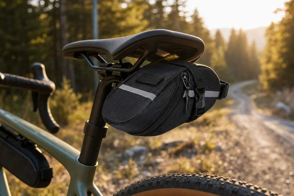 Ridgeline Wedge saddle bag mounted under the saddle of a gravel bike on a forest road