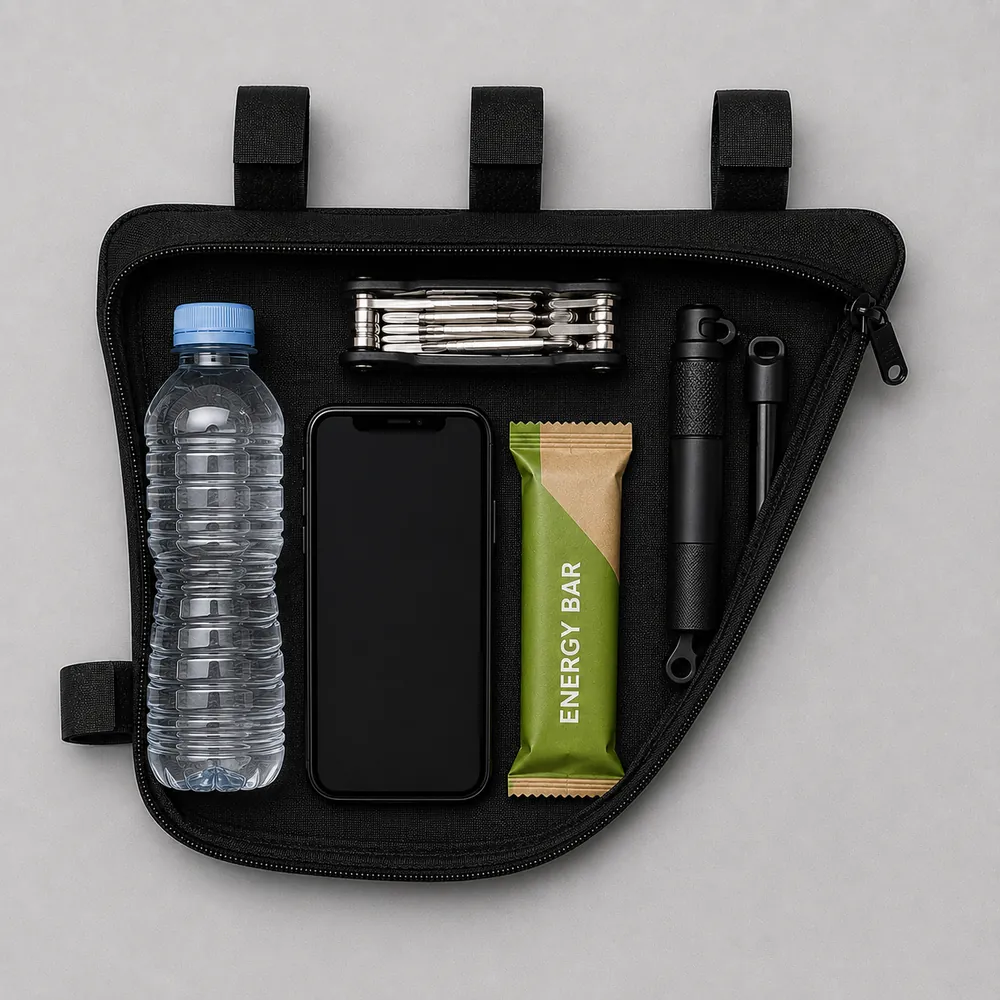 A frame bag load laid out flat: water bottle, phone, multitool, energy bar and a mini pump